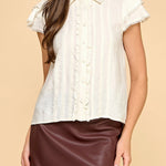 Ivory Lace Flutter Sleeve Button - Down Top - MTT Collective