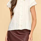 Ivory Lace Flutter Sleeve Button - Down Top - MTT Collective