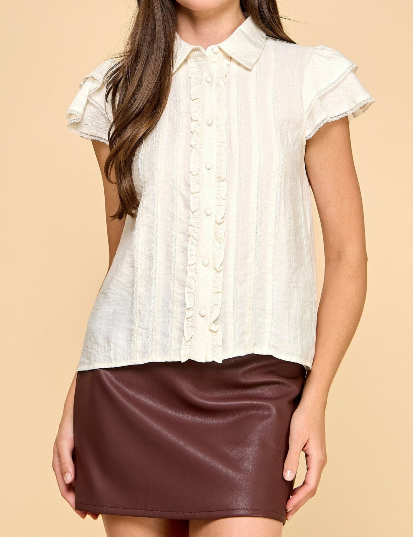 Ivory Lace Flutter Sleeve Button - Down Top - MTT Collective