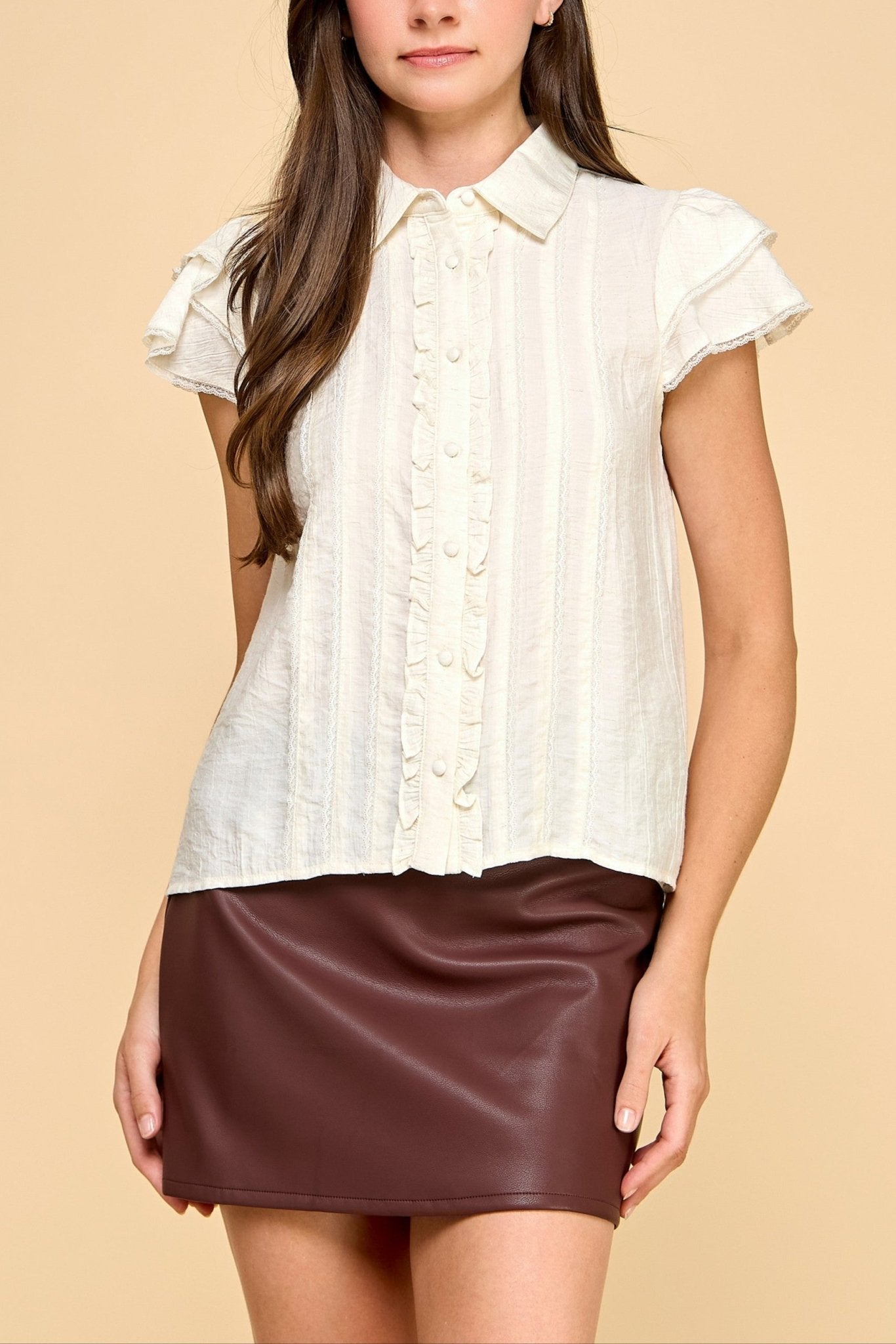 Ivory Lace Flutter Sleeve Button - Down Top - MTT Collective