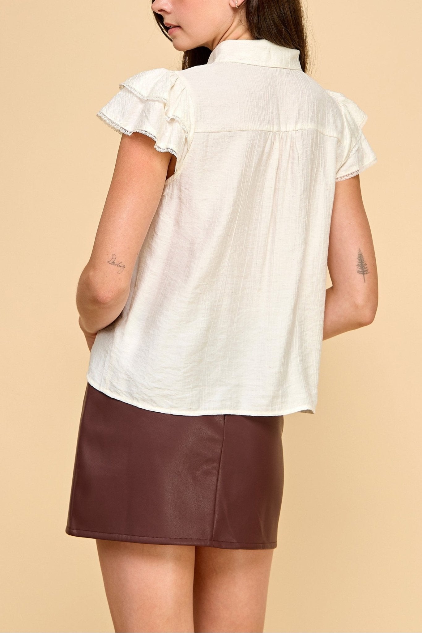 Ivory Lace Flutter Sleeve Button - Down Top - MTT Collective