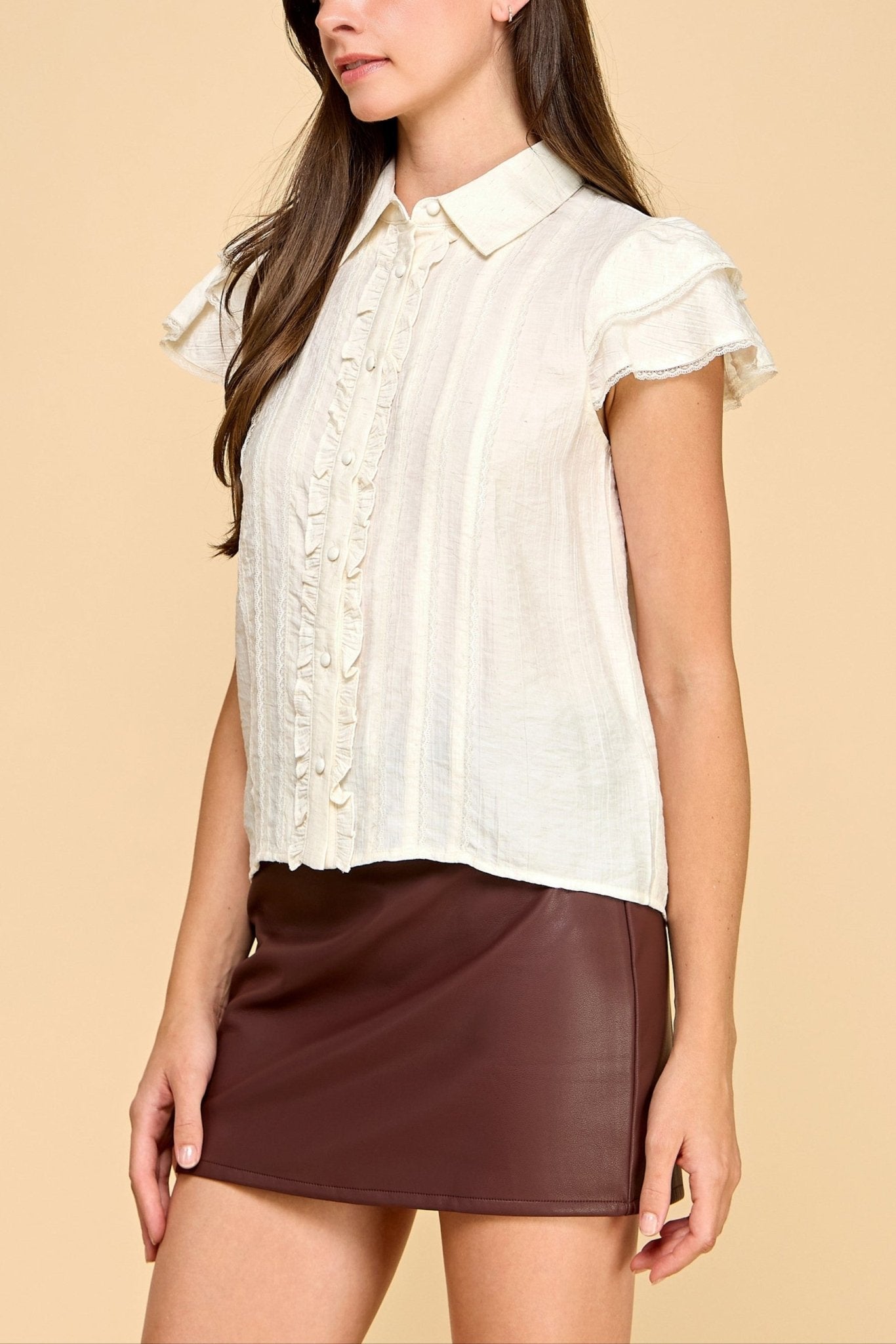 Ivory Lace Flutter Sleeve Button - Down Top - MTT Collective