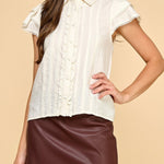 Ivory Lace Flutter Sleeve Button - Down Top - MTT Collective