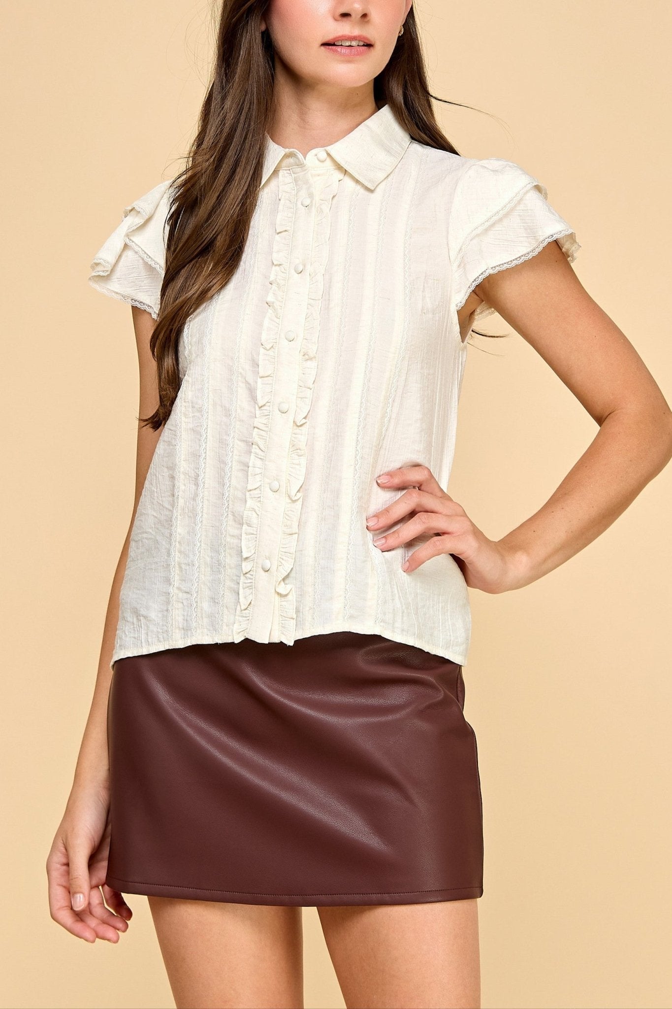 Ivory Lace Flutter Sleeve Button - Down Top - MTT Collective
