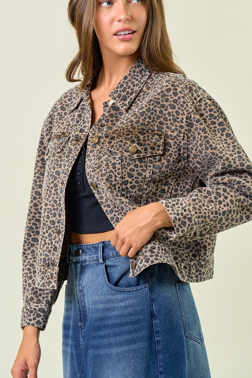 Tan leopard print oversized denim trucker jacket, front open