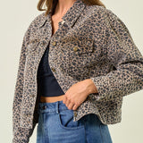 Tan leopard print oversized denim trucker jacket, front open