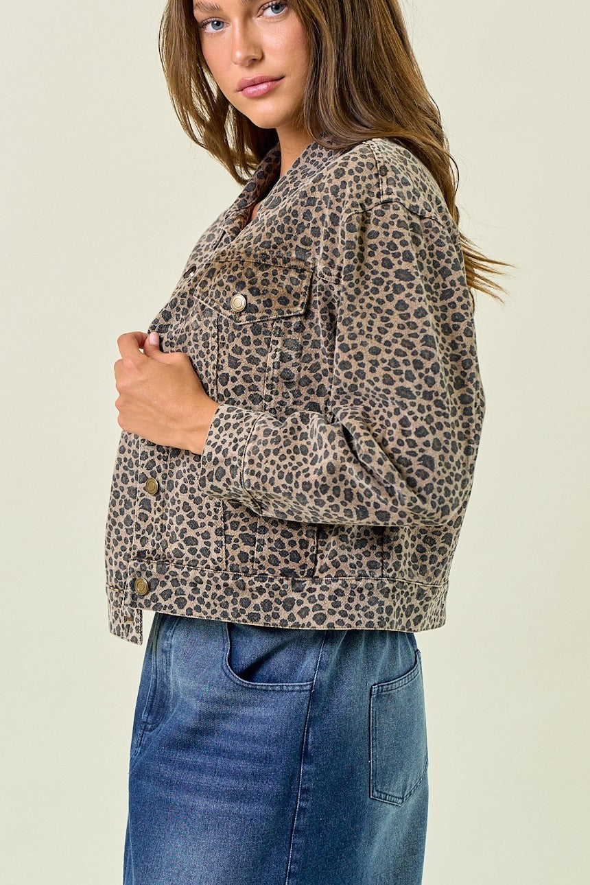 Tan leopard print denim trucker jacket, side view