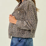 Tan leopard print denim trucker jacket, side view