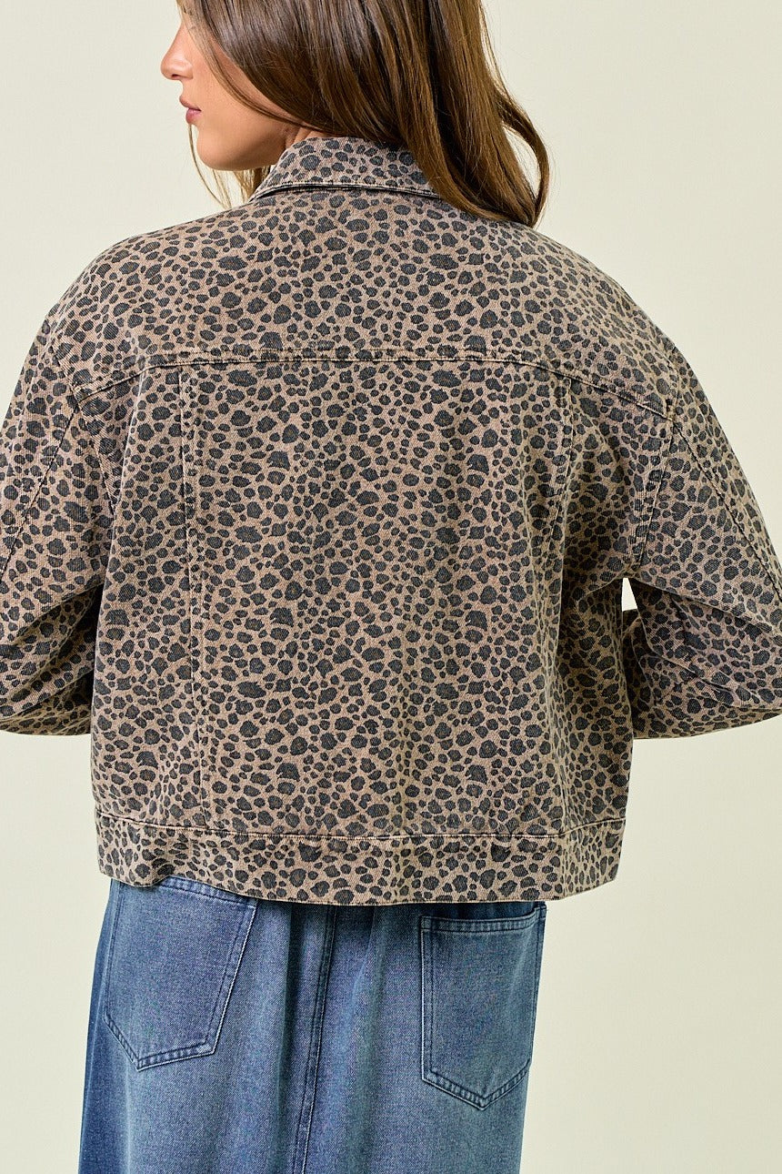 Tan leopard print denim trucker jacket, back view