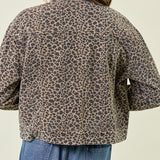 Tan leopard print denim trucker jacket, back view