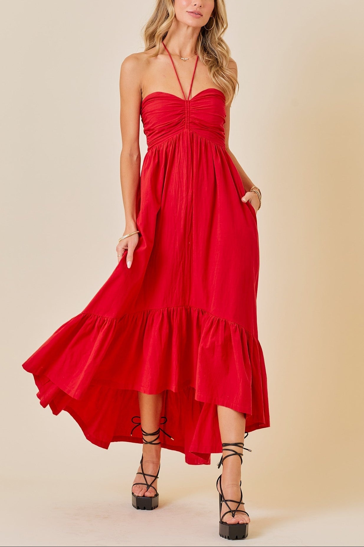 Jenny Ruched Halter Midi Dress - MTT Collective