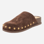 Dolce Vita Joney Studded Suede Mule in Dk Brown Suede, angled view