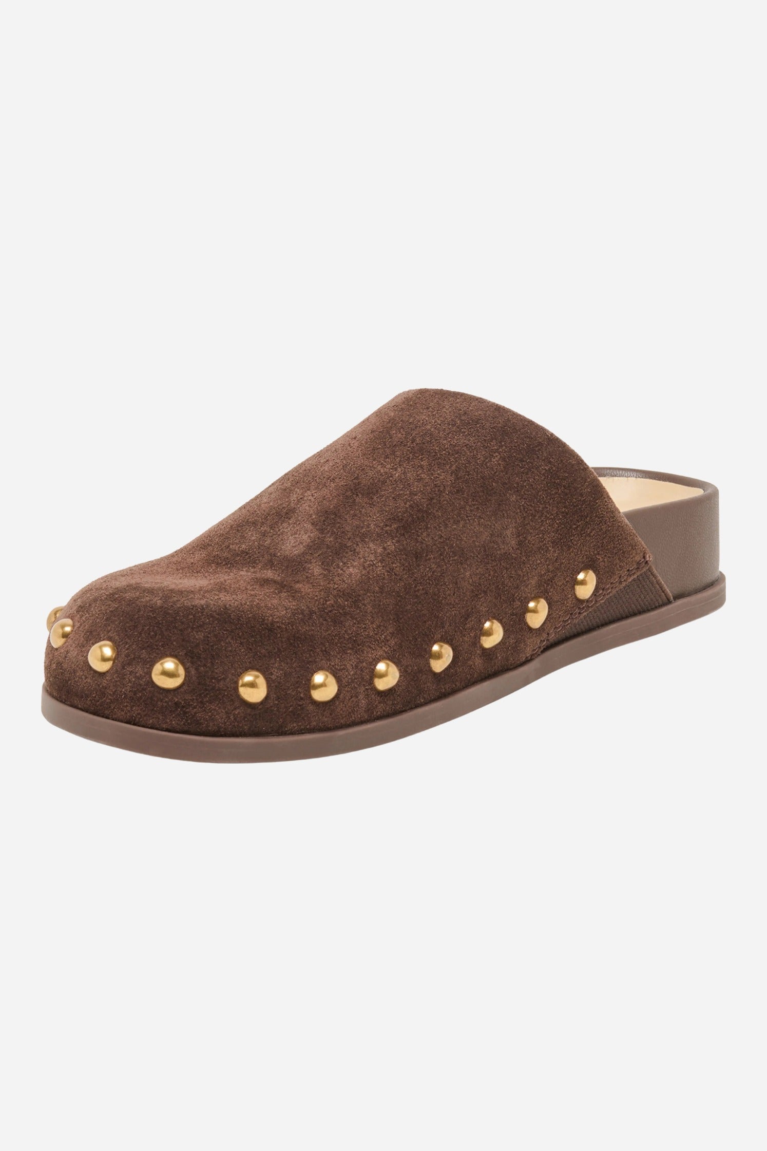 Dolce Vita Joney Studded Suede Mule in Dk Brown Suede, angled view