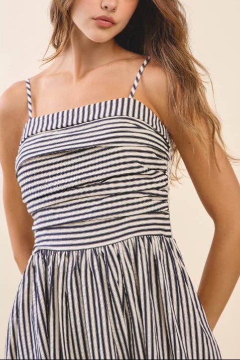 Justine Striped Fitted Ruched Bodice Midi Dress - MTT Collective