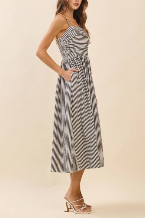 Justine Striped Fitted Ruched Bodice Midi Dress Black / L Justine Striped Fitted Ruched Bodice Midi Dress Black / L