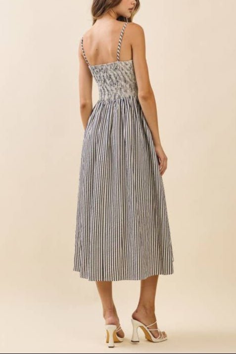 Justine Striped Fitted Ruched Bodice Midi Dress - TCEC MTT Collective Justine Striped Fitted Ruched Bodice Midi Dress - TCEC MTT Collective