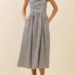 Justine Striped Fitted Ruched Bodice Midi Dress - MTT Collective