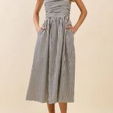 Justine Striped Fitted Ruched Bodice Midi Dress - MTT Collective