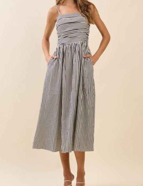 Justine Striped Fitted Ruched Bodice Midi Dress - MTT Collective