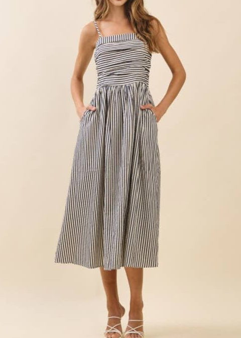 Justine Striped Fitted Ruched Bodice Midi Dress - MTT Collective