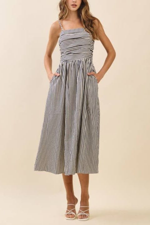 Justine Striped Fitted Ruched Bodice Midi Dress Black / L Justine Striped Fitted Ruched Bodice Midi Dress Black / L