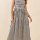 Justine Striped Fitted Ruched Bodice Midi Dress - MTT Collective