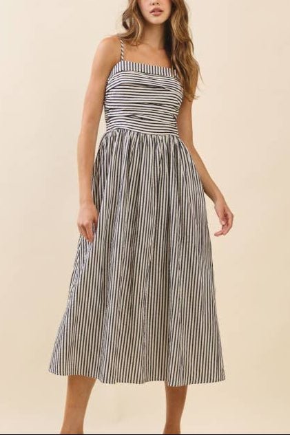 Justine Striped Fitted Ruched Bodice Midi Dress - MTT Collective