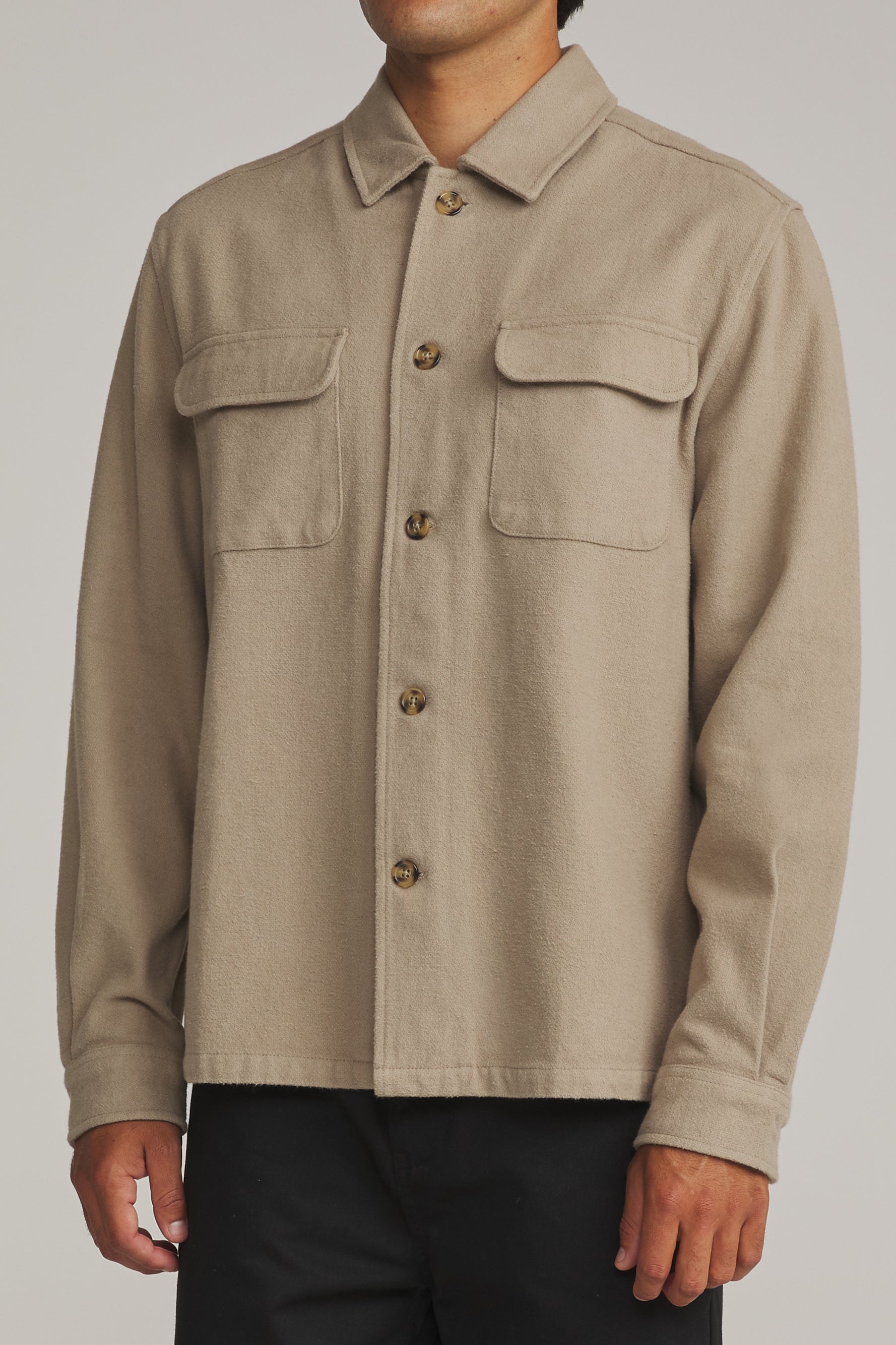 Katin Shiloh Flannel in Khaki, side on model