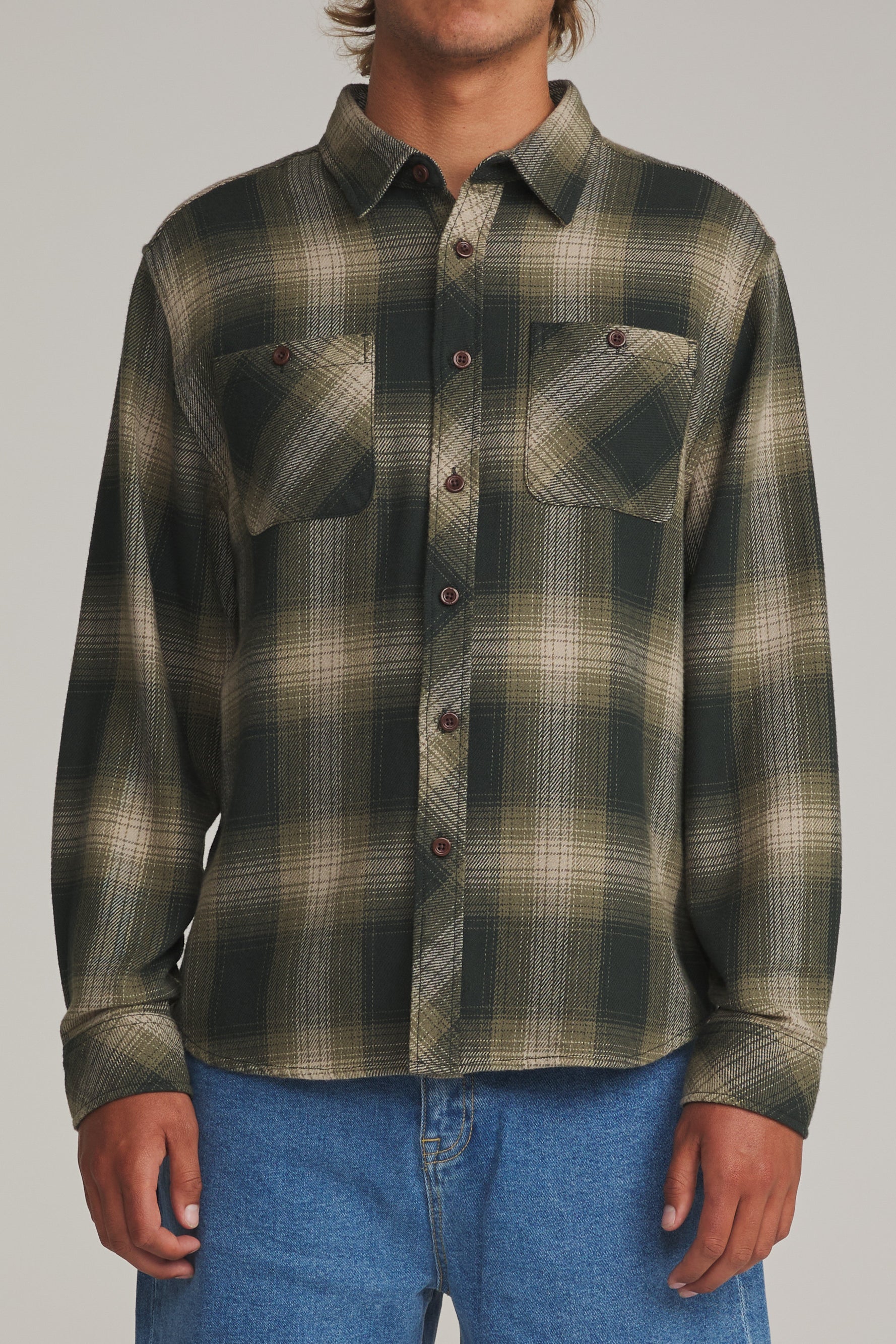 Katin Sierra Flannel in Dark Olive, front on model