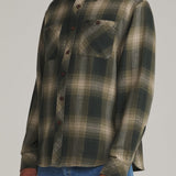 Katin Sierra Flannel in Dark Olive, side on model