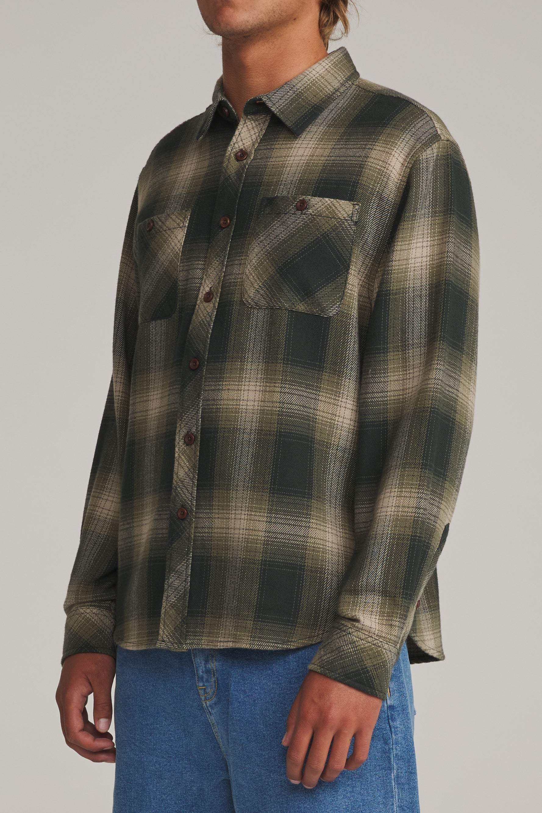 Katin Sierra Flannel in Dark Olive, side on model