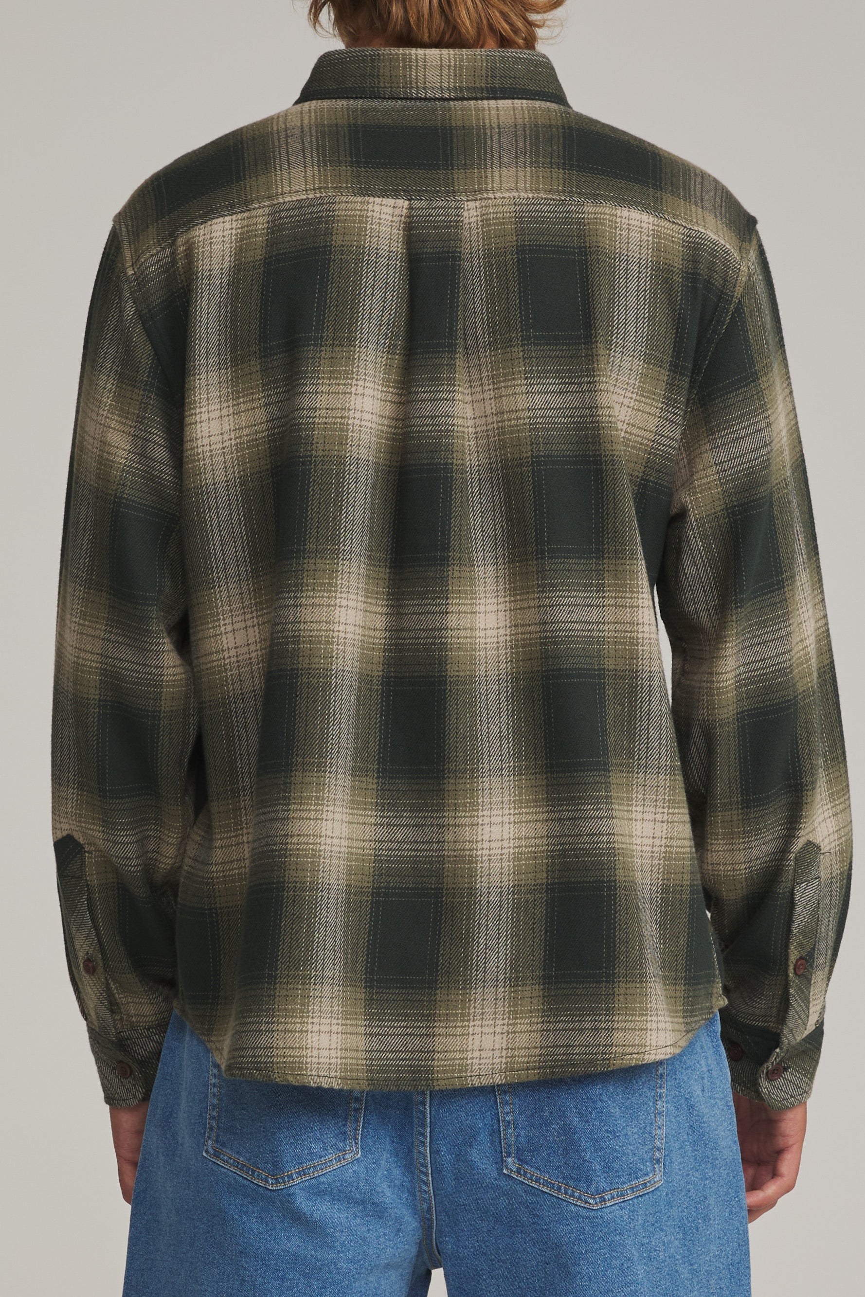 Katin Sierra Flannel in Dark Olive, back on model