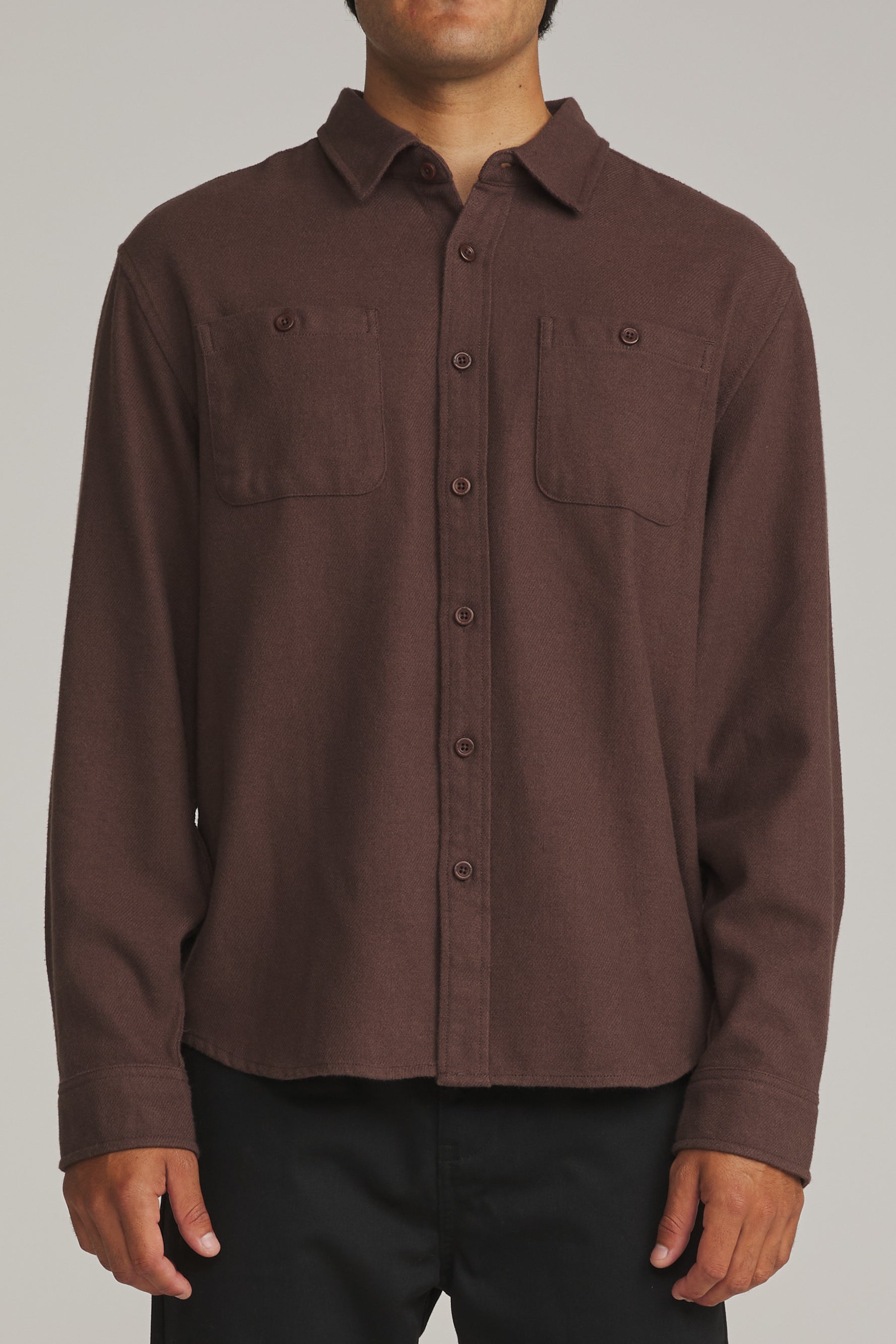 Katin Sierra Flannel in French Roast, front on model