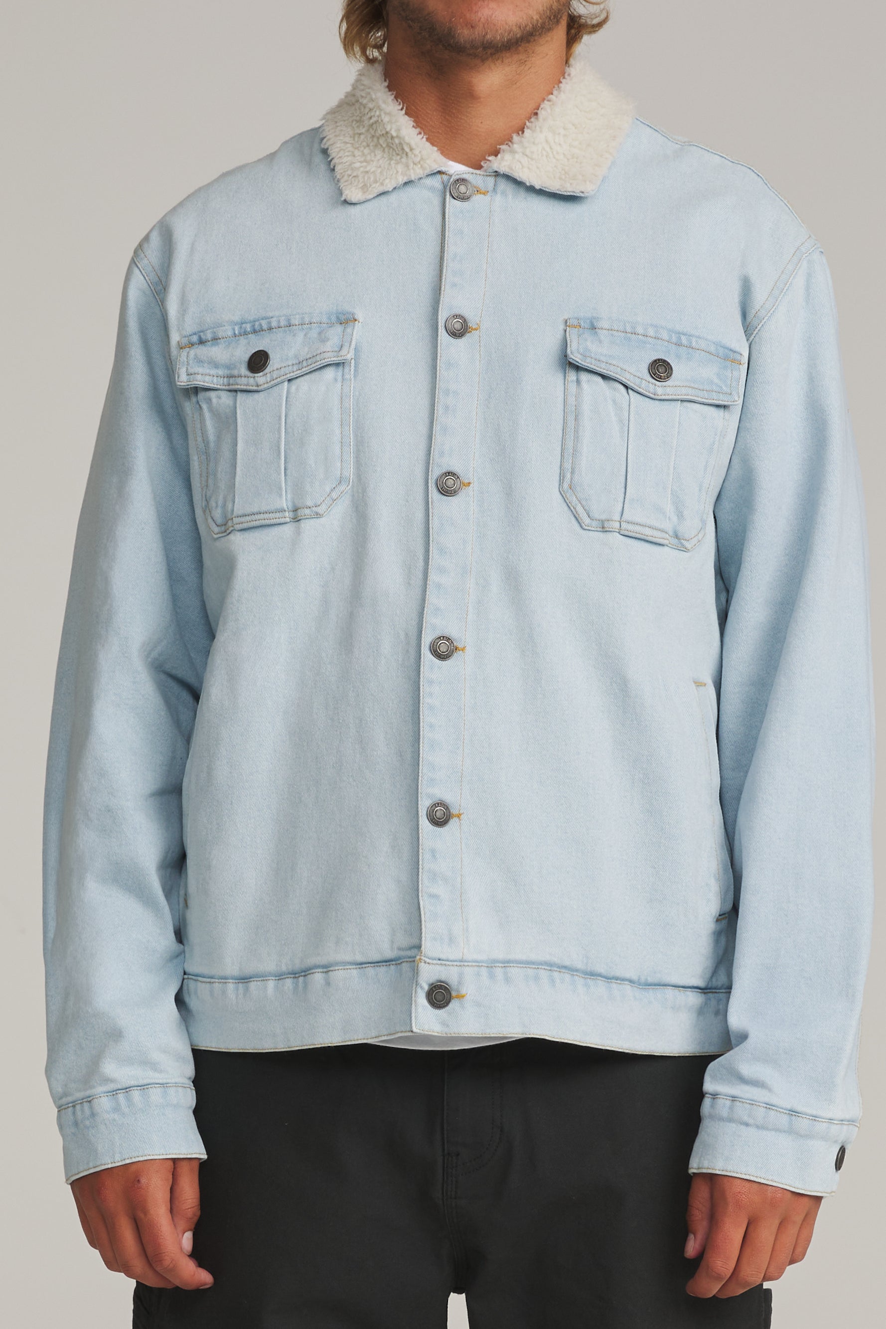 Katin Harris Denim Jacket in Light Indigo, front on model