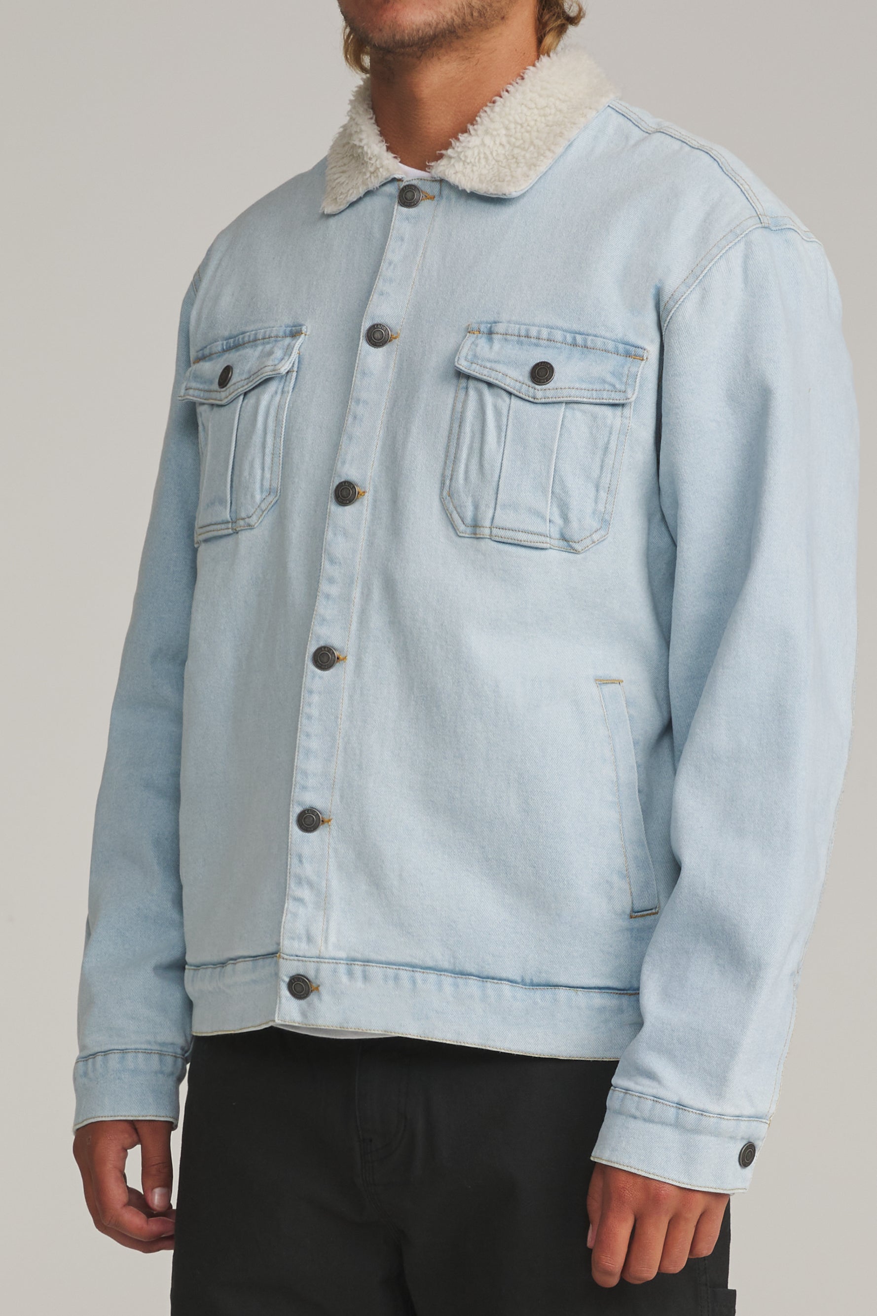 Katin Harris Denim Jacket in Light Indigo, side on model