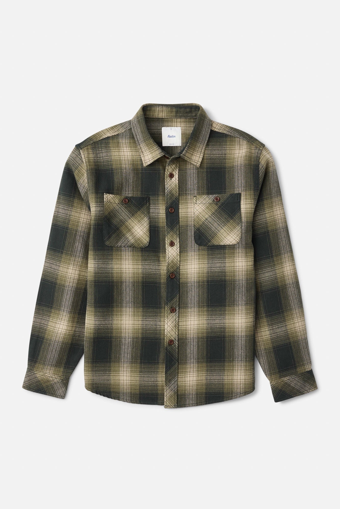 Katin Sierra Flannel in Dark Olive, flat lay front