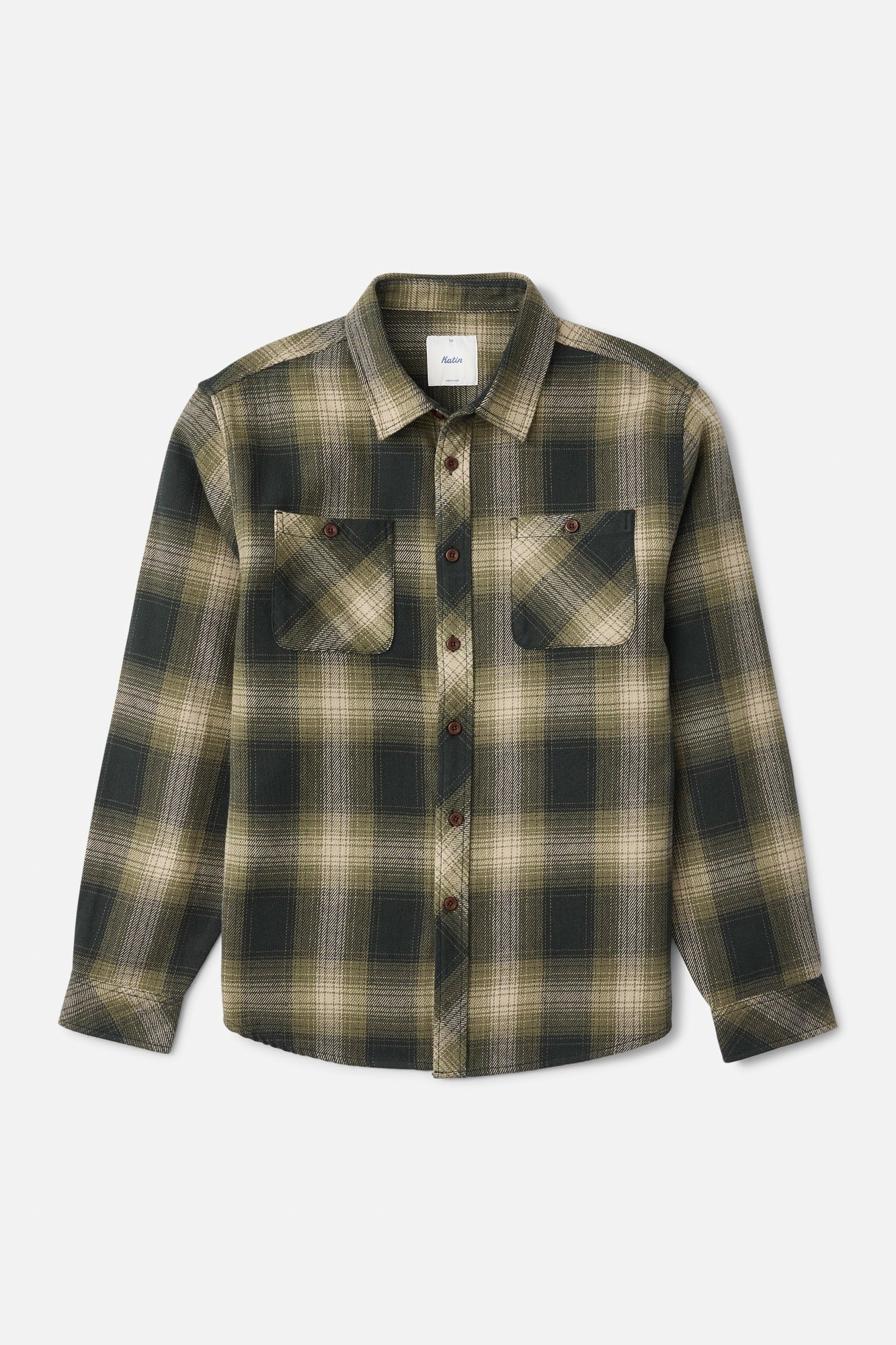 Katin Sierra Flannel in Dark Olive, flat lay front