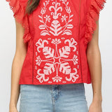 Kaya Embroidered Flutter Sleeve Top - MTT Collective