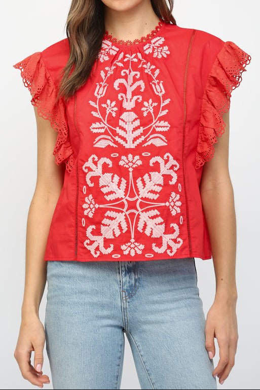 Kaya Embroidered Flutter Sleeve Top - MTT Collective