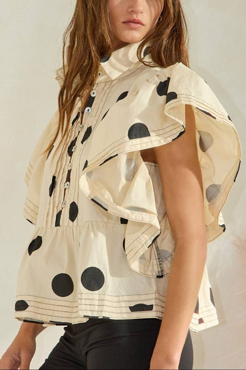 Lauryn Ruffle Sleeves Pintuck Polka Dot Top - MTT Collective