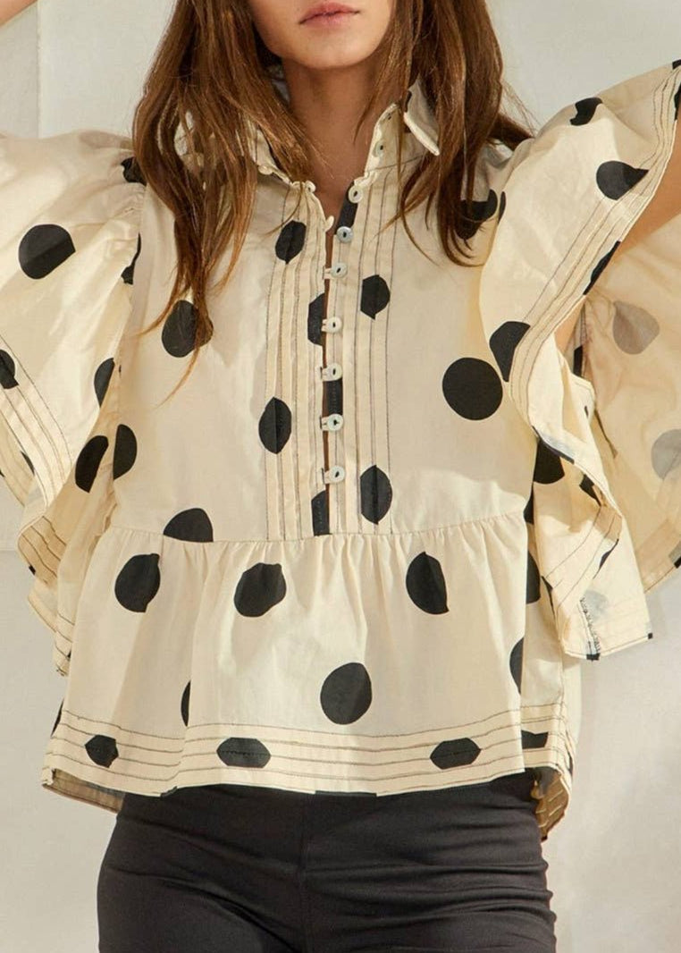 Lauryn Ruffle Sleeves Pintuck Polka Dot Top - MTT Collective