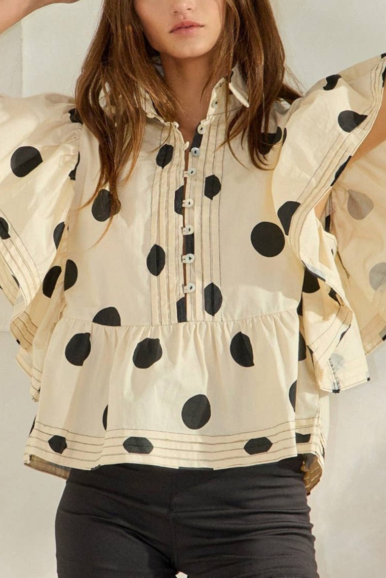 Lauryn Ruffle Sleeves Pintuck Polka Dot Top - MTT Collective