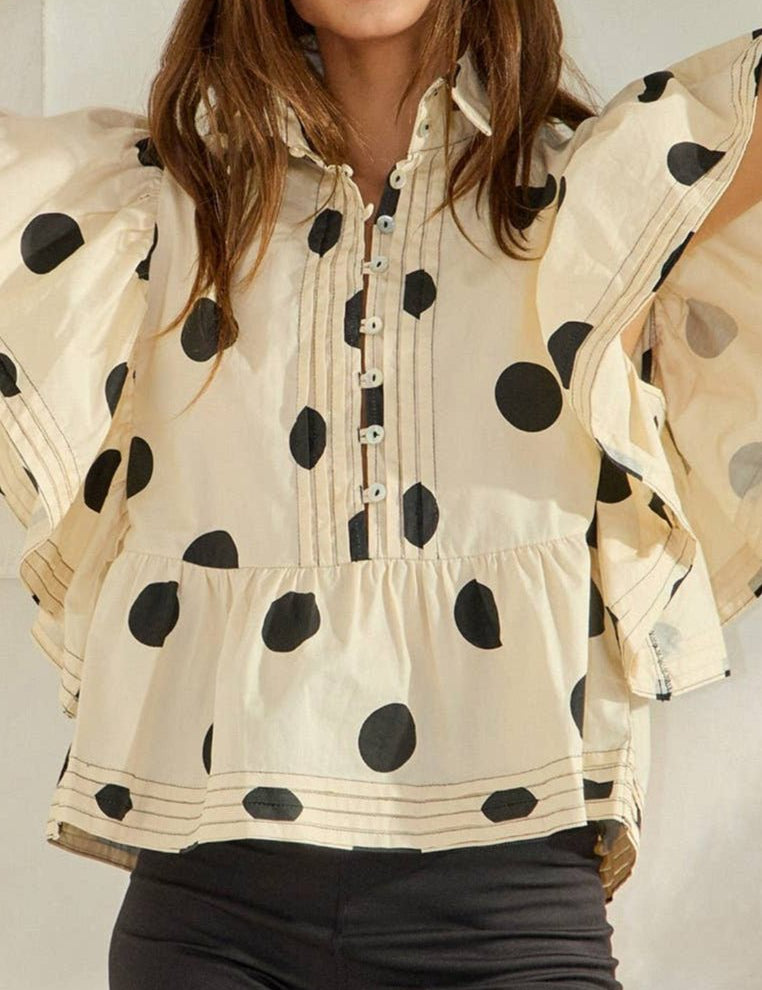 Lauryn Ruffle Sleeves Pintuck Polka Dot Top - MTT Collective