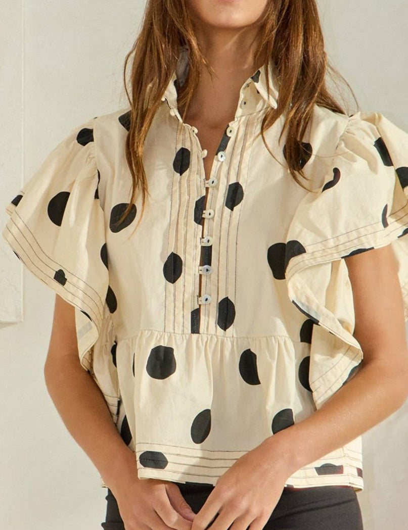 Lauryn Ruffle Sleeves Pintuck Polka Dot Top - MTT Collective