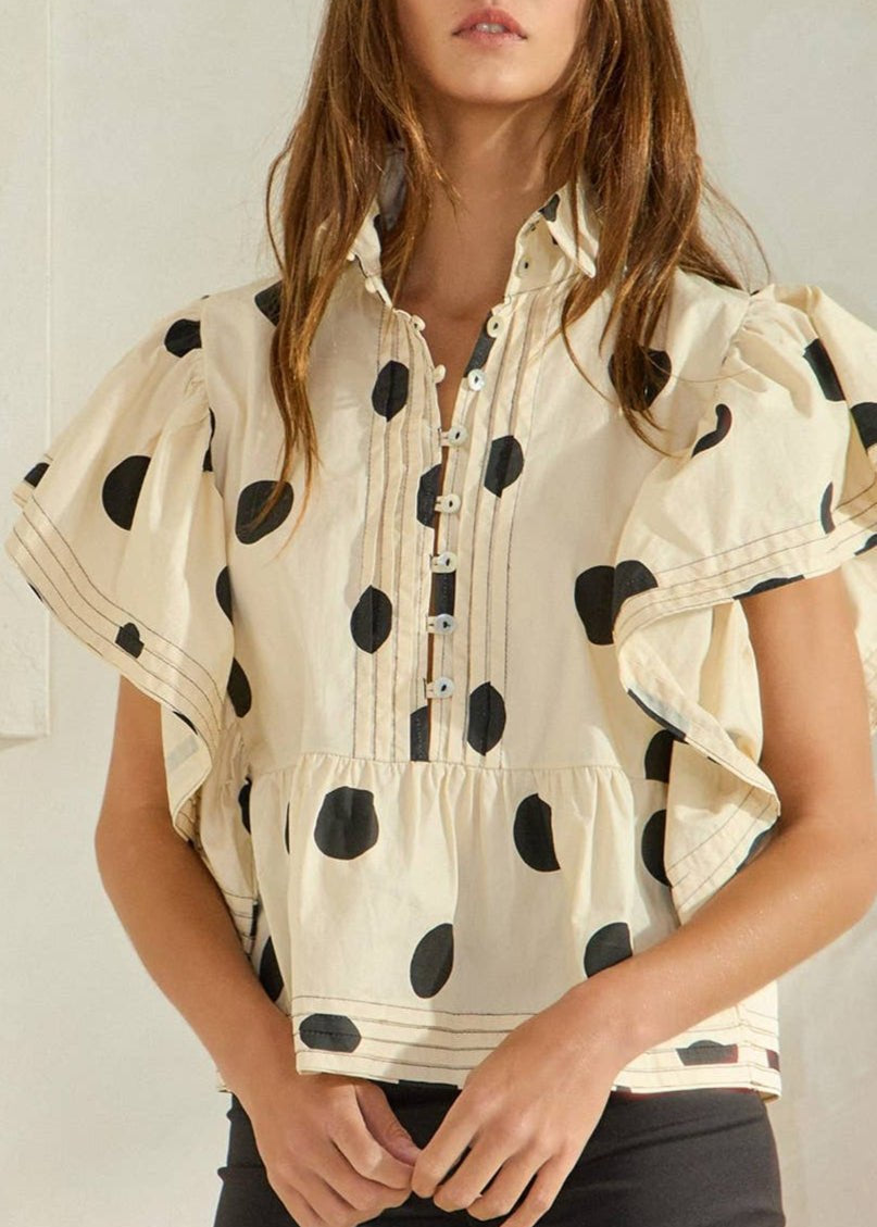 Lauryn Ruffle Sleeves Pintuck Polka Dot Top - MTT Collective