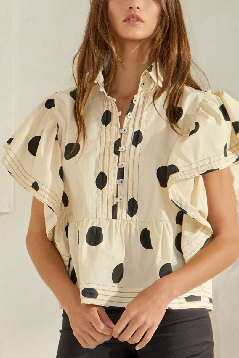 Lauryn Ruffle Sleeves Pintuck Polka Dot Top - MTT Collective