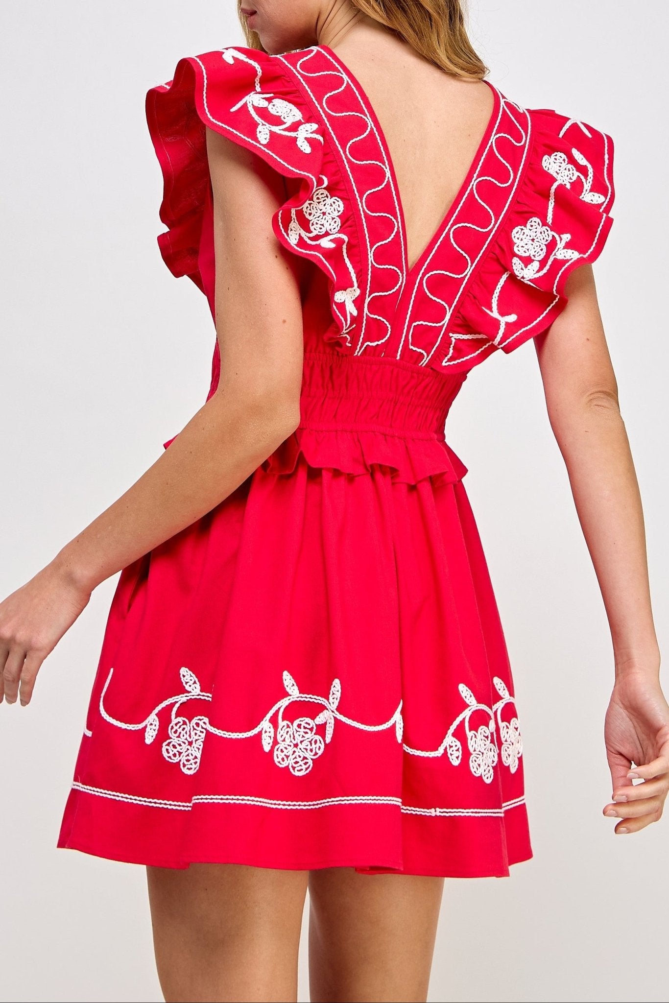 Leah Embroidery Detail Ruffle Mini Dress - MTT Collective