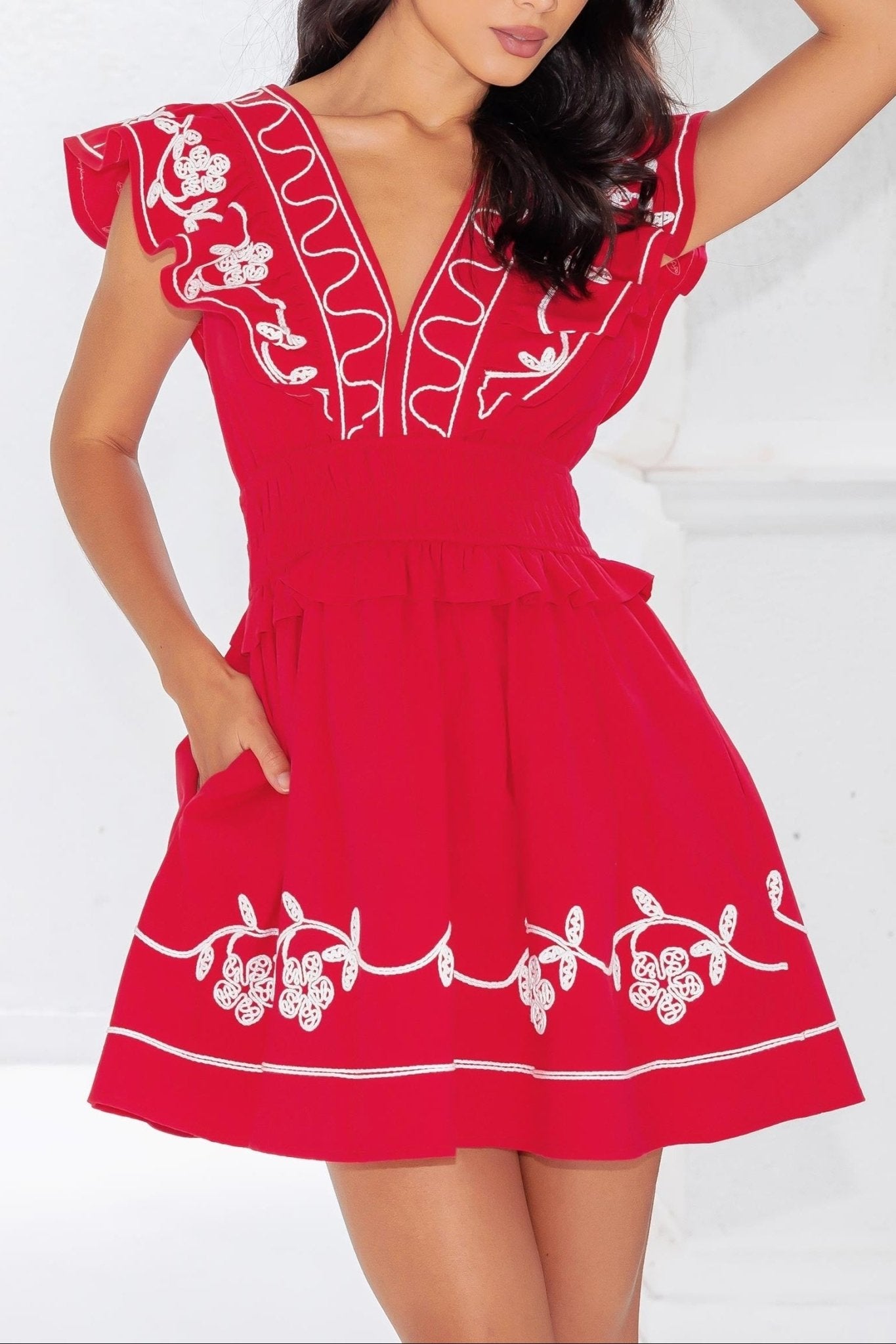 Leah Embroidery Detail Ruffle Mini Dress - MTT Collective