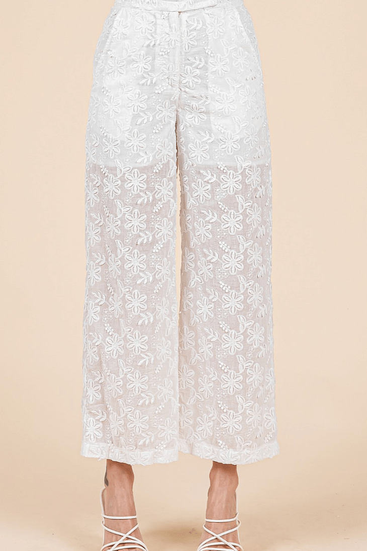 Lucille Embroidered Sheer Wide Leg Pants - MTT Collective
