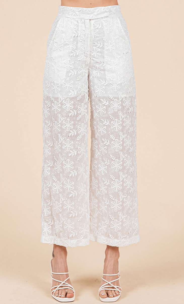 Lucille Embroidered Sheer Wide Leg Pants - MTT Collective